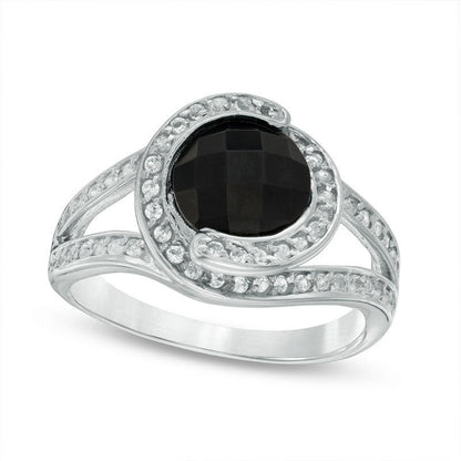 8.0mm Faceted Onyx and White Topaz Overlay Frame Split Shank Ring in Sterling Silver