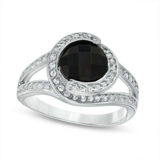 8.0mm Faceted Onyx and White Topaz Overlay Frame Split Shank Ring in Sterling Silver