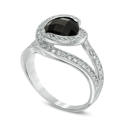 8.0mm Faceted Onyx and White Topaz Overlay Frame Split Shank Ring in Sterling Silver