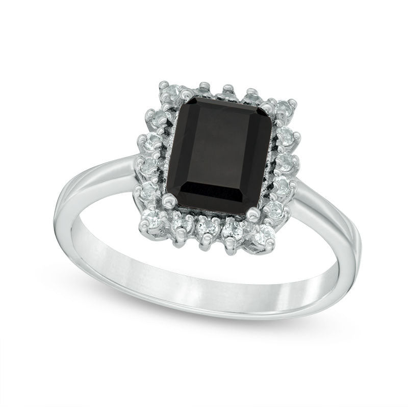 Emerald-Cut Onyx and White Topaz Starburst Frame Ring in Sterling Silver