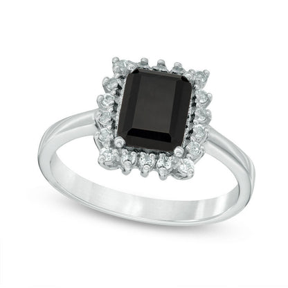 Emerald-Cut Onyx and White Topaz Starburst Frame Ring in Sterling Silver