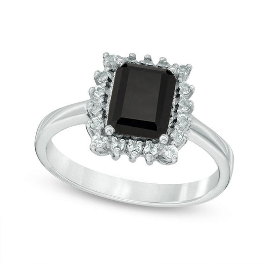 Emerald-Cut Onyx and White Topaz Starburst Frame Ring in Sterling Silver