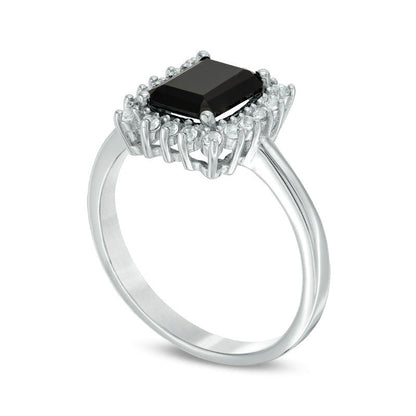 Emerald-Cut Onyx and White Topaz Starburst Frame Ring in Sterling Silver
