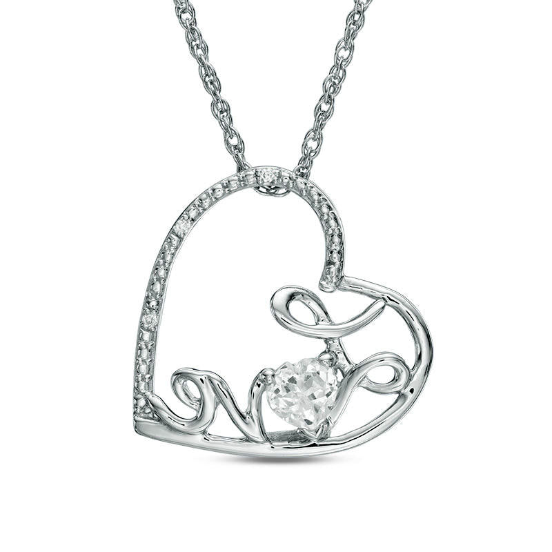 4.0mm Lab-Created White Sapphire and Diamond Accent Cursive Love" Tilted Heart Pendant in Sterling Silver"
