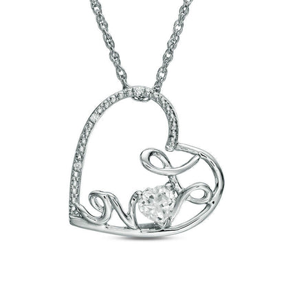 4.0mm Lab-Created White Sapphire and Diamond Accent Cursive Love" Tilted Heart Pendant in Sterling Silver"