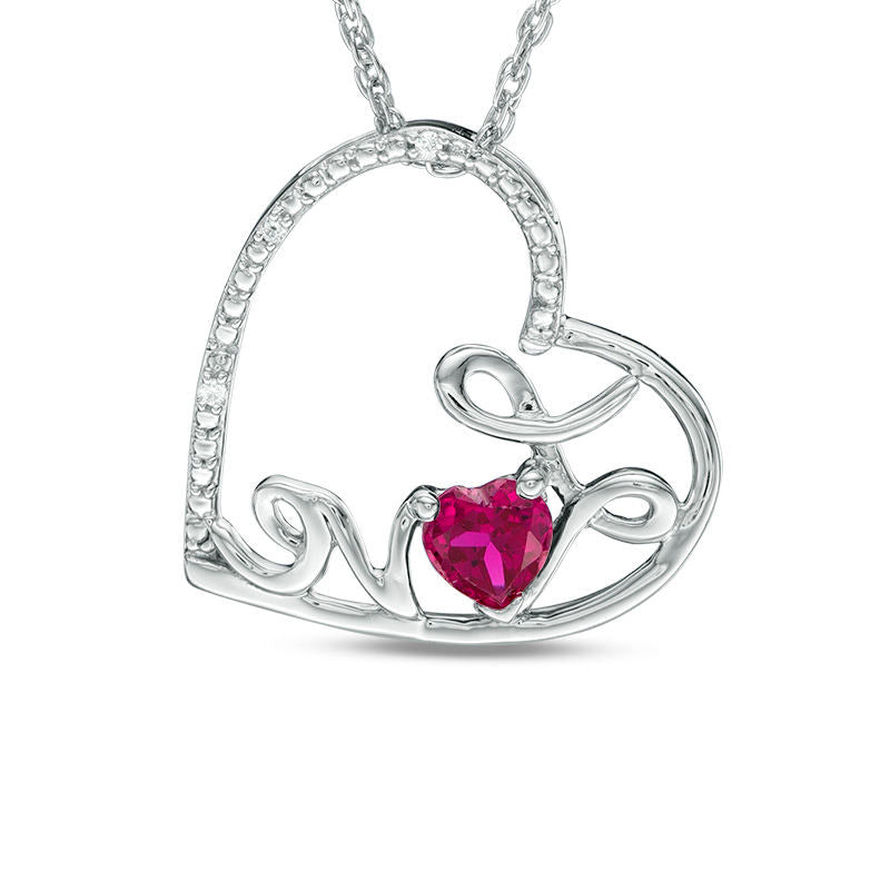 4.0mm Lab-Created Ruby and Diamond Accent Cursive Love" Tilted Heart Pendant in Sterling Silver"