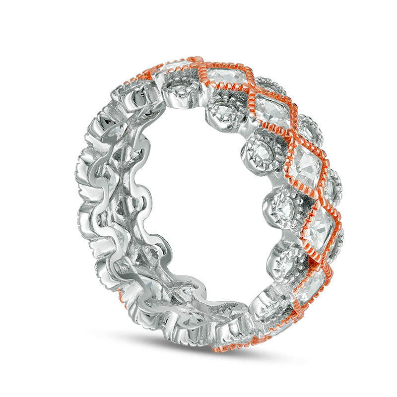 Princess-Cut Lab-Created White Sapphire Geometric Eternity Band in Sterling Silver and Solid 14K Rose Gold Plate