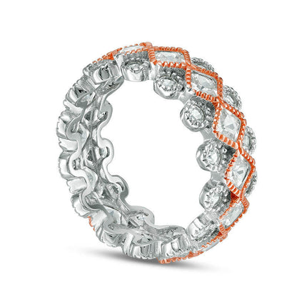 Princess-Cut Lab-Created White Sapphire Geometric Eternity Band in Sterling Silver and Solid 14K Rose Gold Plate