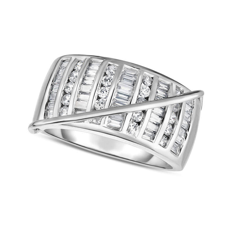 1.0 CT. T.W. Baguette and Round Natural Diamond Column Crossover Band in Solid 14K White Gold