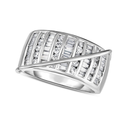 1.0 CT. T.W. Baguette and Round Natural Diamond Column Crossover Band in Solid 14K White Gold