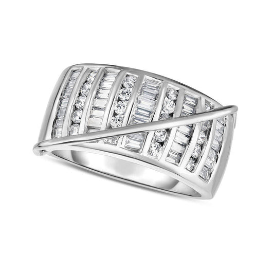 1.0 CT. T.W. Baguette and Round Natural Diamond Column Crossover Band in Solid 14K White Gold
