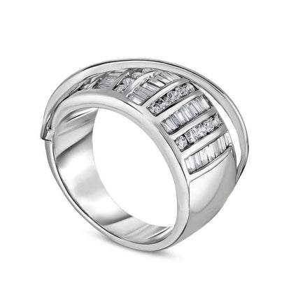 1.0 CT. T.W. Baguette and Round Natural Diamond Column Crossover Band in Solid 14K White Gold