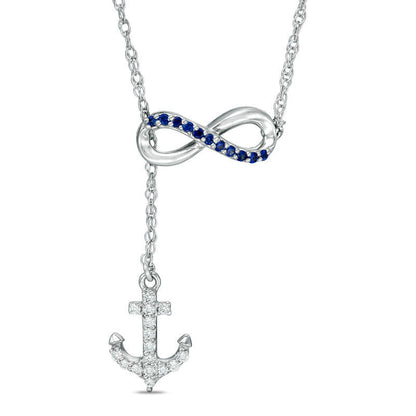 Lab-Created Blue and White Sapphire Infinity with Anchor Lariat-Style Necklace in Sterling Silver - 19