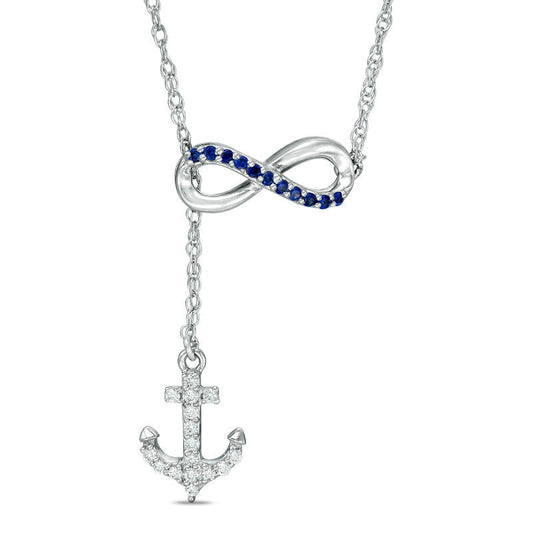 Lab-Created Blue and White Sapphire Infinity with Anchor Lariat-Style Necklace in Sterling Silver - 19