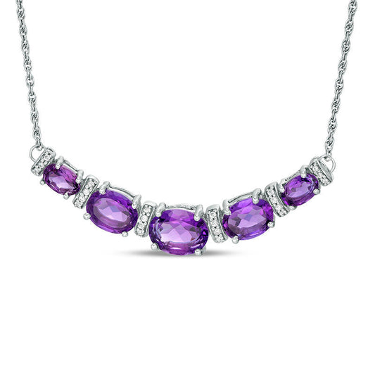 Oval Amethyst and 0.1 CT. T.W. Natural Diamond Graduated Five Stone Necklace in Sterling Silver