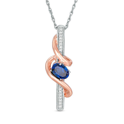 Oval Lab-Created Blue Sapphire and Diamond Accent Linear Swirl Pendant in Sterling Silver and 10K Rose Gold
