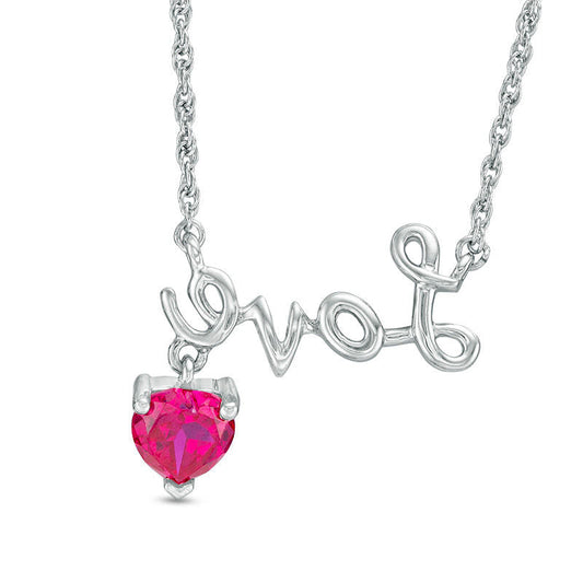 6.0mm Heart-Shaped Lab-Created Ruby Charm and Cursive Love" Necklace in Sterling Silver"