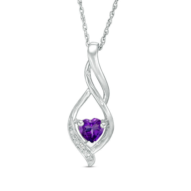 5.0mm Heart-Shaped Amethyst and Natural Diamond Accent Twist Flame Pendant in Sterling Silver