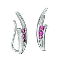 Lab-Created Pink Sapphire Three Stone Crawler Earrings in Sterling Silver
