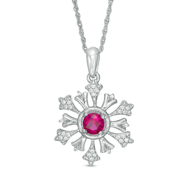 4.5mm Lab-Created Ruby and 0.1 CT. T.W. Diamond Snowflake Pendant in Sterling Silver