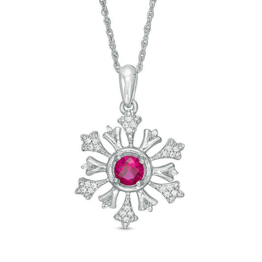 4.5mm Lab-Created Ruby and 0.1 CT. T.W. Diamond Snowflake Pendant in Sterling Silver