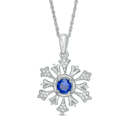 4.5mm Lab-Created Blue Sapphire and 0.1 CT. T.W. Diamond Snowflake Pendant in Sterling Silver