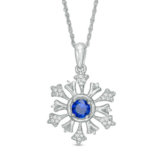 4.5mm Lab-Created Blue Sapphire and 0.1 CT. T.W. Diamond Snowflake Pendant in Sterling Silver