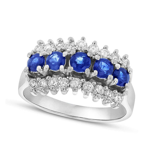Blue Sapphire and 0.50 CT. T.W. Natural Diamond Edge Five Stone Band in Solid 14K White Gold