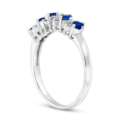 Blue Sapphire and Natural Diamond Accent Alternating Five Stone Band in Solid 14K White Gold