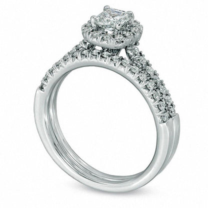 1.0 CT. T.W. Cushion-Cut Natural Diamond Frame Bridal Engagement Ring Set in Solid 14K White Gold