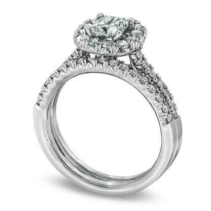 1.33 CT. T.W. Cushion-Cut Natural Diamond Frame Bridal Engagement Ring Set in Solid 14K White Gold