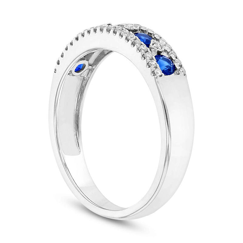 Blue Sapphire and 0.17 CT. T.W. Natural Diamond Five Stone Art Deco Band in Solid 14K White Gold