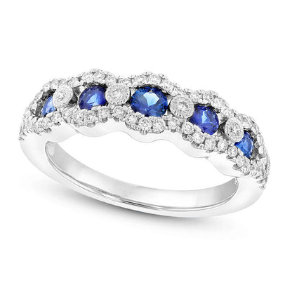 Blue Sapphire and 0.33 CT. T.W. Natural Diamond Edge Five Stone Wavy Band in Solid 14K White Gold