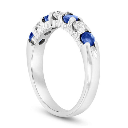 Blue Sapphire and 0.38 CT. T.W. Natural Diamond Seven Stone Band in Solid 14K White Gold