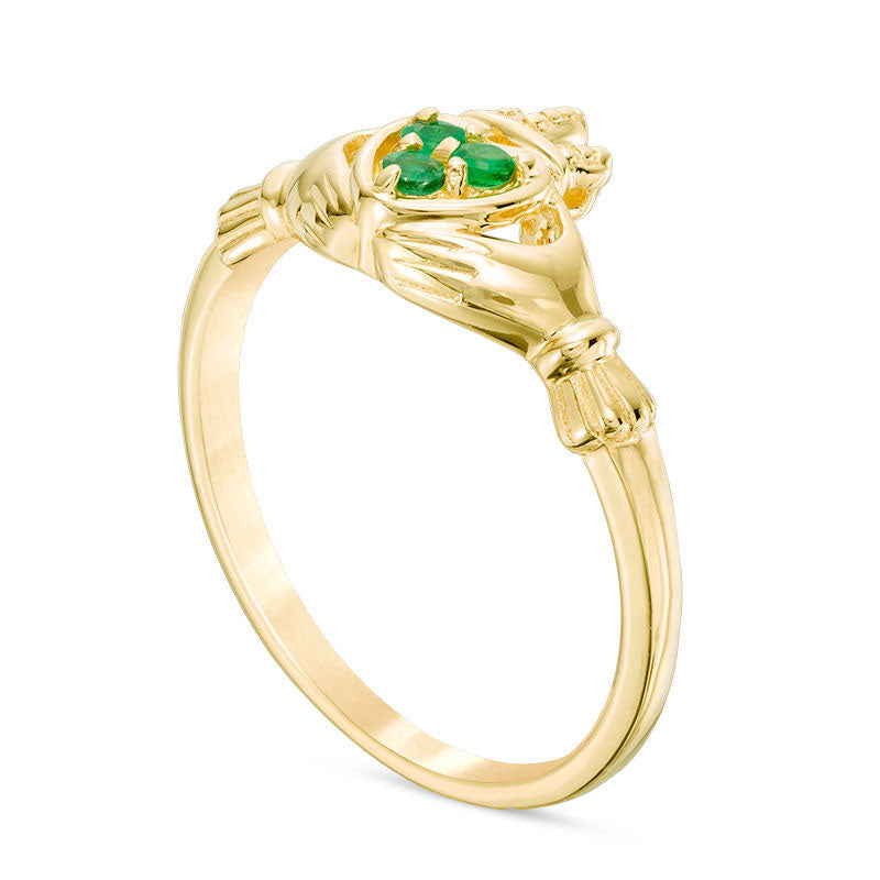 Emerald Three Stone Claddagh Ring in Solid 10K Yellow Gold