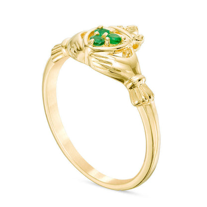 Emerald Three Stone Claddagh Ring in Solid 10K Yellow Gold