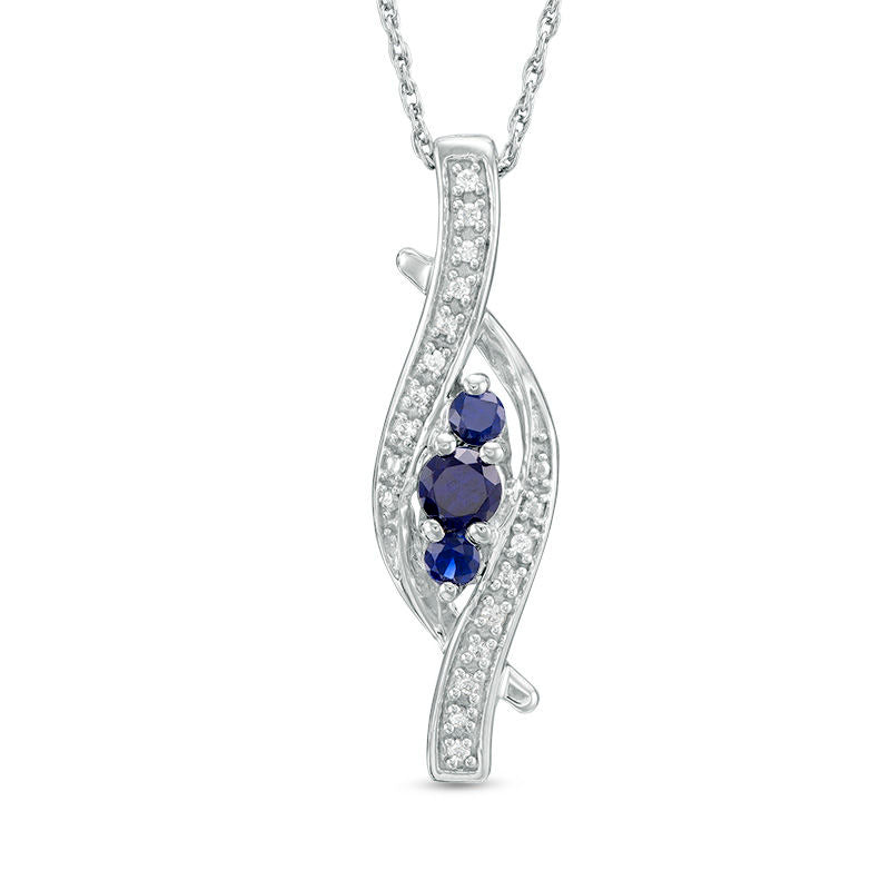 Lab-Created Blue Sapphire and Diamond Accent Three Stone Swirl Pendant in Sterling Silver