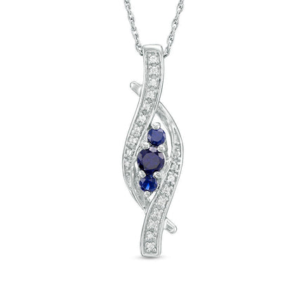 Lab-Created Blue Sapphire and Diamond Accent Three Stone Swirl Pendant in Sterling Silver