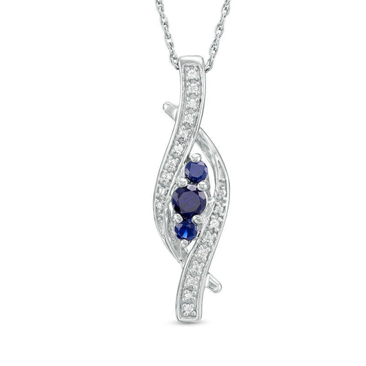 Lab-Created Blue Sapphire and Diamond Accent Three Stone Swirl Pendant in Sterling Silver