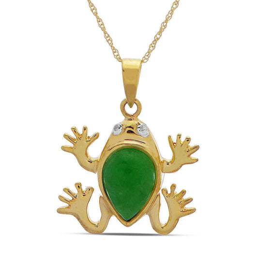 Jade and Natural Diamond Accent Frog Pendant in 10K Yellow Gold