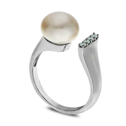 9.5-10.0mm Button Cultured Freshwater Pearl and White Topaz Open Ring in Sterling Silver - Size 7