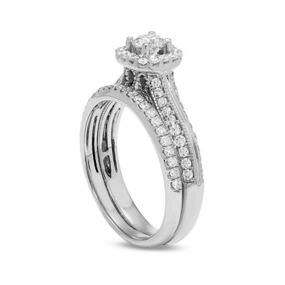 1.0 CT. T.W. Certified Natural Diamond Cushion Frame Antique Vintage-Style Bridal Engagement Ring Set in Solid 14K White Gold (I/I2)