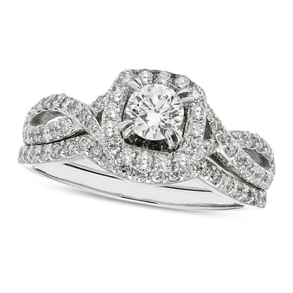 1.0 CT. T.W. Certified Natural Diamond Cushion Frame Twist Shank Bridal Engagement Ring Set (I/I2)