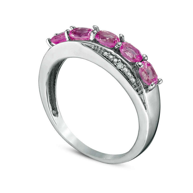 Oval Lab-Created Pink Sapphire and Diamond Accent Five Stone Wave Band in Sterling Silver