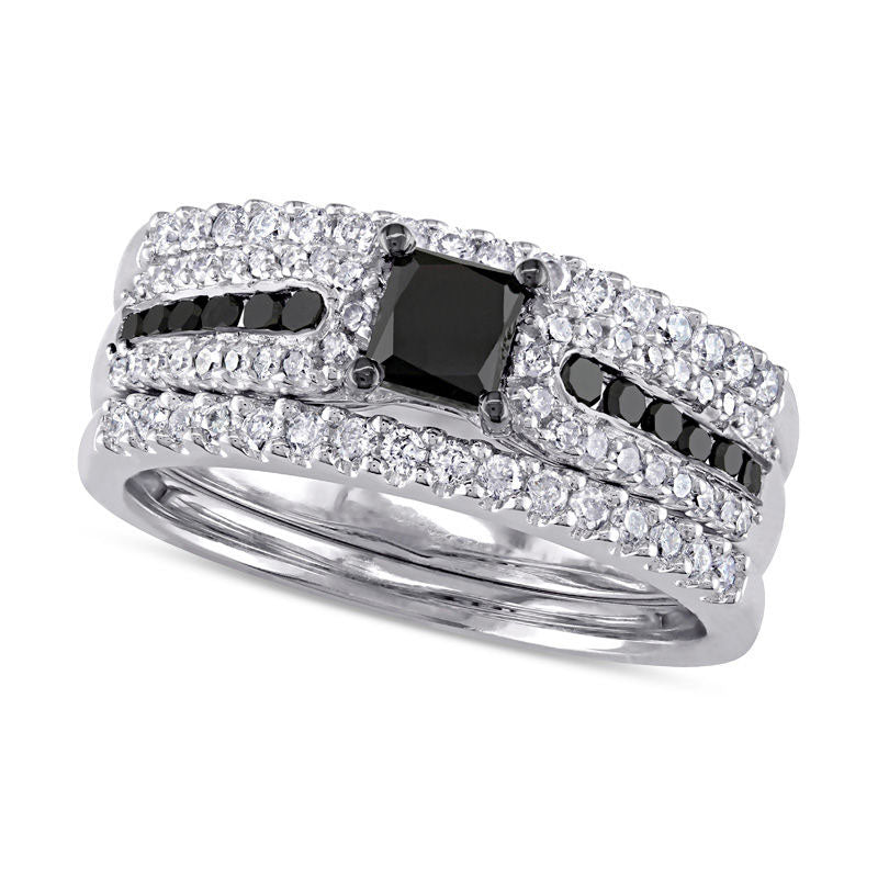 1.13 CT. T.W. Enhanced Black Princess-Cut Natural Diamond Three Piece Bridal Engagement Ring Set in Sterling Silver