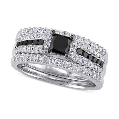 1.13 CT. T.W. Enhanced Black Princess-Cut Natural Diamond Three Piece Bridal Engagement Ring Set in Sterling Silver