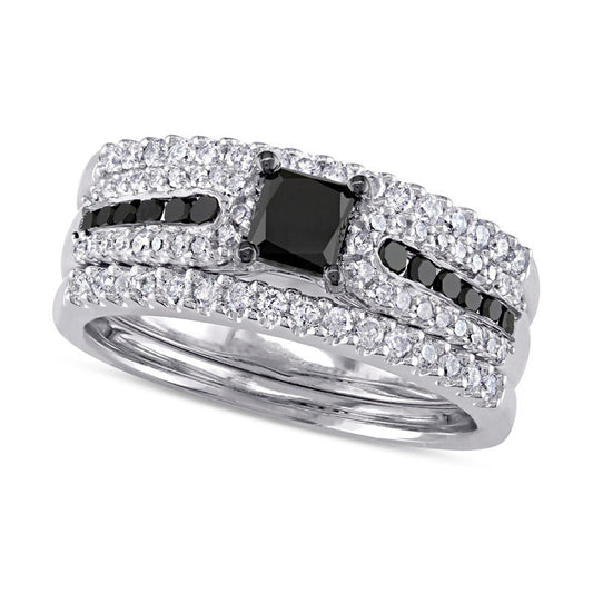 1.13 CT. T.W. Enhanced Black Princess-Cut Natural Diamond Three Piece Bridal Engagement Ring Set in Sterling Silver