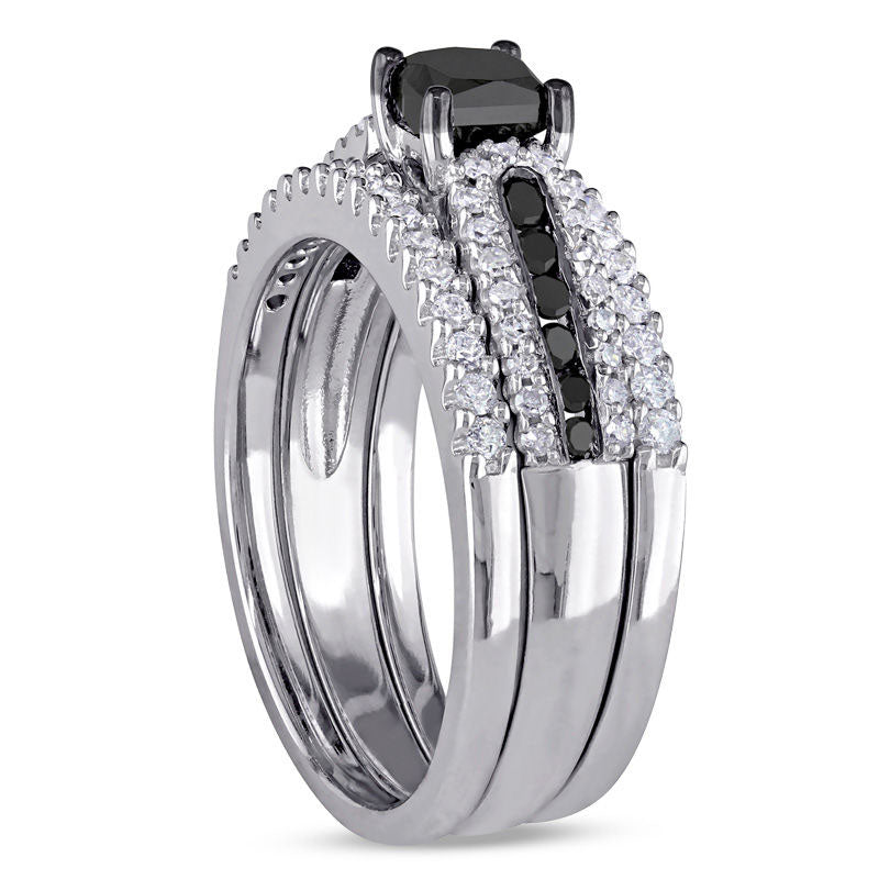 1.13 CT. T.W. Enhanced Black Princess-Cut Natural Diamond Three Piece Bridal Engagement Ring Set in Sterling Silver