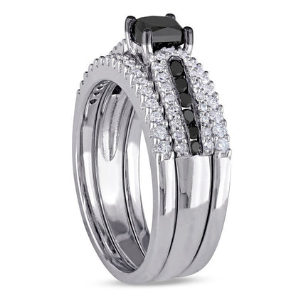 1.13 CT. T.W. Enhanced Black Princess-Cut Natural Diamond Three Piece Bridal Engagement Ring Set in Sterling Silver