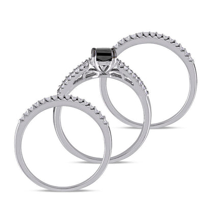 1.13 CT. T.W. Enhanced Black Princess-Cut Natural Diamond Three Piece Bridal Engagement Ring Set in Sterling Silver